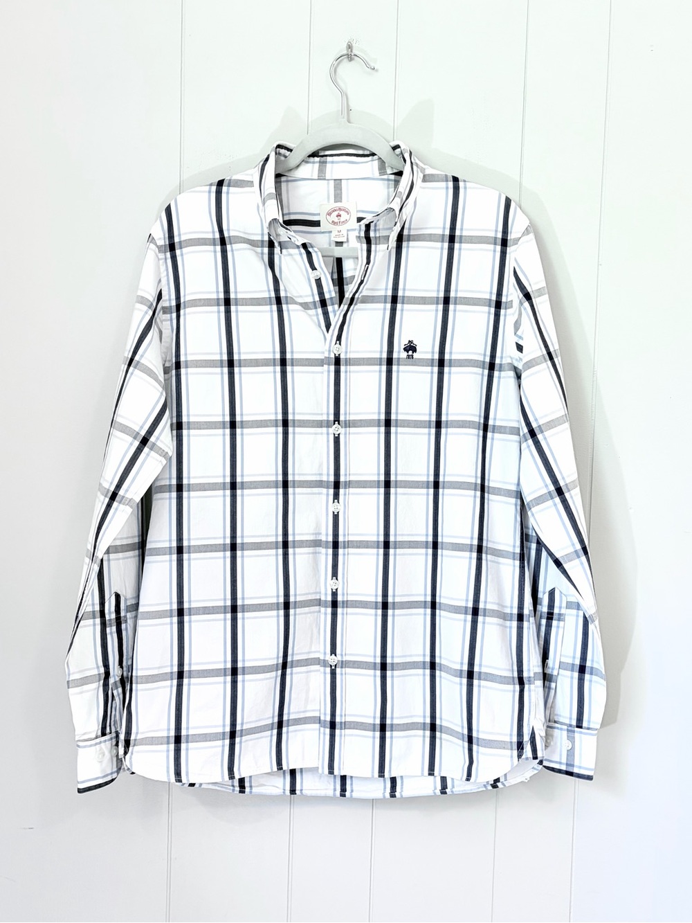 Brooks Brothers White Shirt Logo Navy Plaid Lightweight Long Sleeve Men’s Medium
